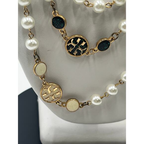 Tory Burch Authentic Long
Pearl Logo Medallion
Multi-Strand Gold 60" Necklace - Picture 2 of 15